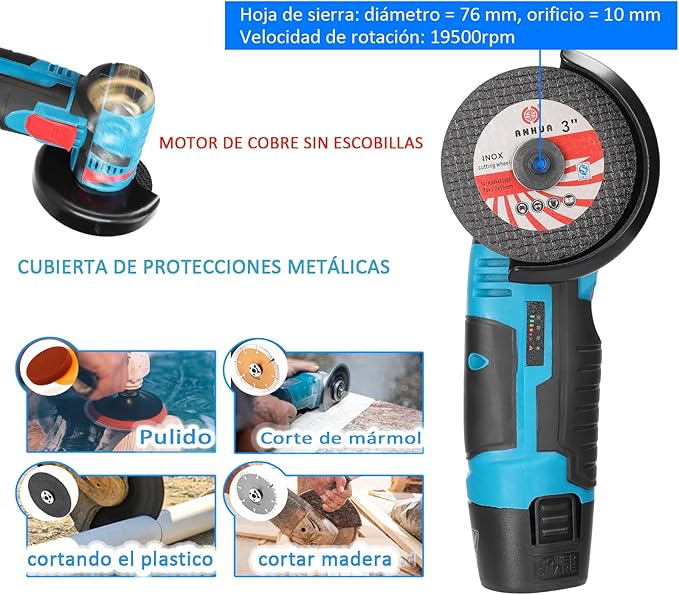 Mini amoladora angular de 12 V con disco de corte